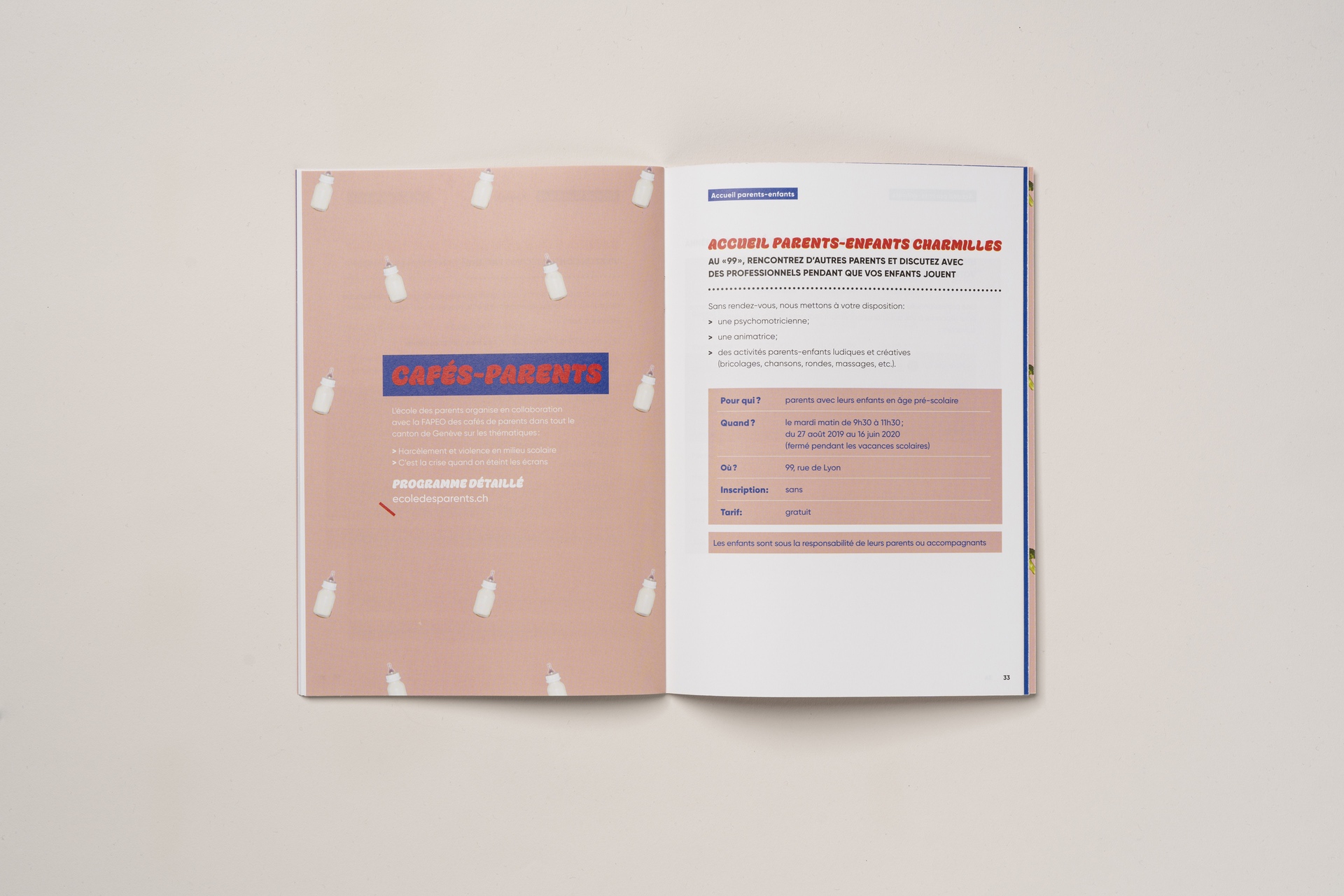 double-page intérieurs pour l'école des parents Genève