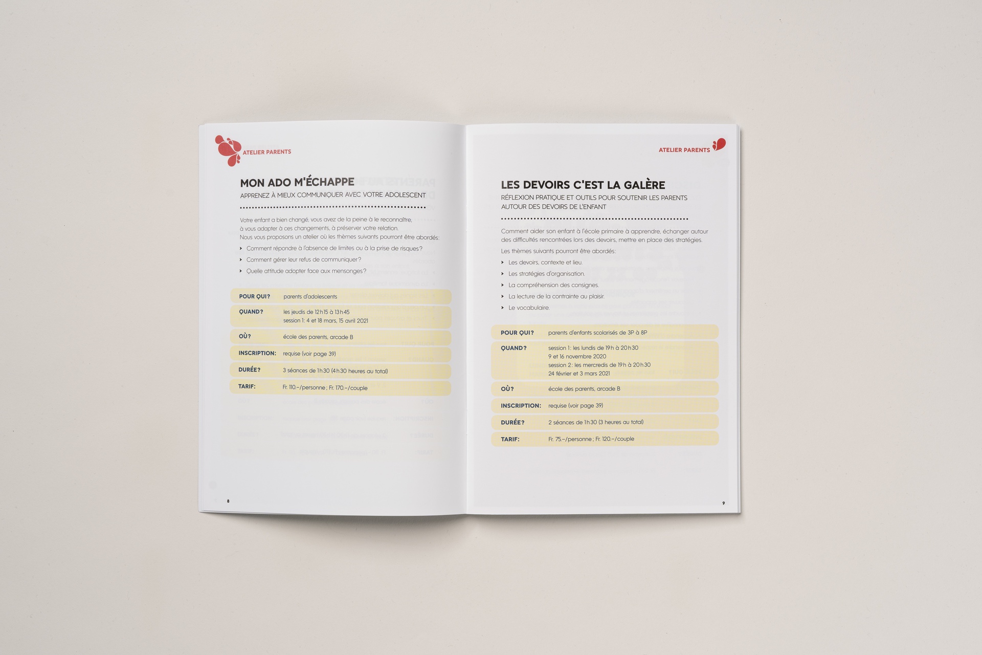 double-page intérieurs pour l'école des parents Genève